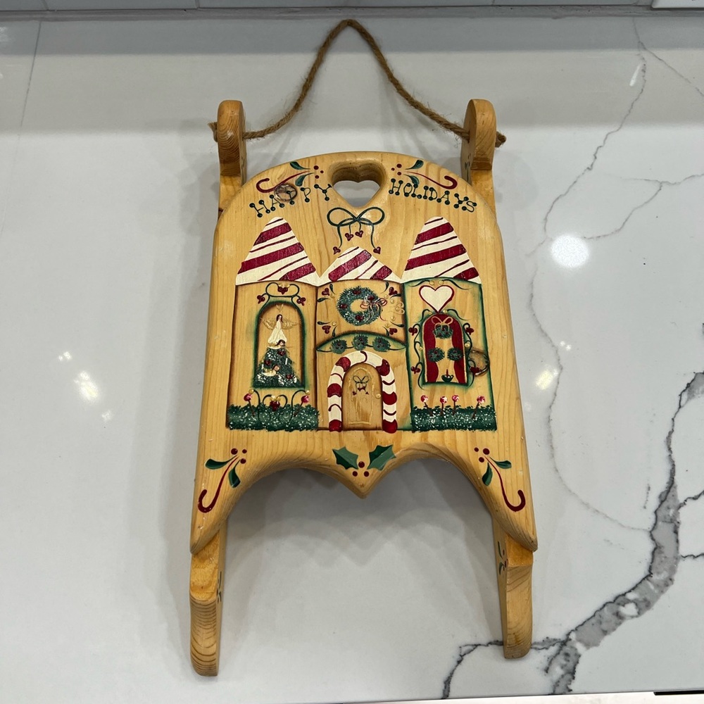 JDI Folk Art Wood  Sled Country Decor Hand Painted Wall Door Hang